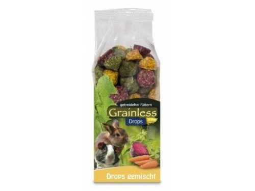 Gnavernes univers grainless drops, en sund snack uden korn til gnavere og mindre kæledyr, der kombinerer en lækker blanding af farverige drops med naturlige ingredienser som grøntsager og frugter. Ideel til belønning eller som supplement til daglig fodring. | gnavernes univers