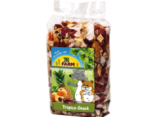 Tropica-snack fra jr farm til gnavere. Sund og velsmagende snack med frugter og nødder, ideel til hamstre og andre små kæledyr. Fuld af naturlige ingredienser for en varieret og nærende kost. | gnavernes univers