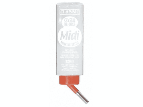 Drikkeflaske til gnavere fra Classic Crystal De-Luxe, Midi model, 320 ml. Designet til at forhindre spild og give nem adgang til vand for dit kæledyr. Ideel til hamstere, møsser og andre smådyr.