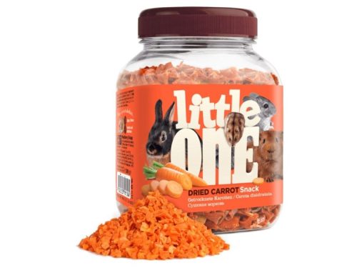 Dried carrot snack fra Little One til gnavere og små kæledyr, præsenteret i en praktisk beholder med en lækker blanding af tørrede gulerødder. Ideel til belønning og sund snacks.