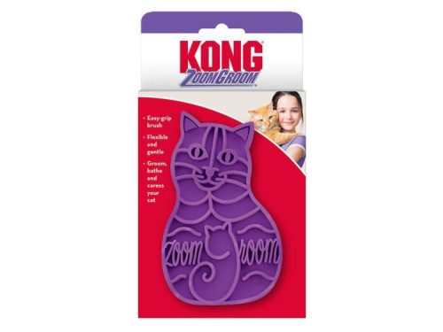KONG ZoomGroom børste til katte i lilla, designet til at gøre pelspleje nemt og behageligt. Denne fleksible og bløde børste er ideel til at bade og kærtegne din kat, samtidig med at den fjerner løse hår.