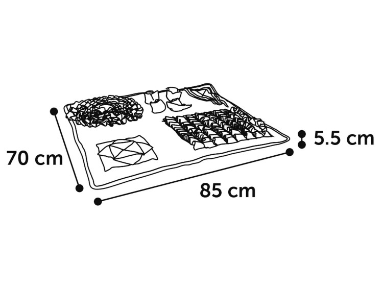 520718 - sniffing carpet joya 85x70x5,5cm med mål | gnavernes univers Målestoksbillede af en gnaverplade til leg og aktivitet, ideel til at stimulere mindre kæledyr, med dimensionerne 70 cm x 85 cm og en højde på 5,5 cm. | gnavernes univers