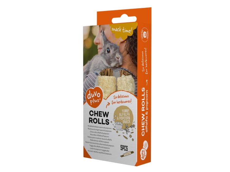 Duvo+ tyggerulle lucerne og popcorn 20g | gnavernes univers Duvo plus chew rolls til gnavere, en lækker snack med lucerne og popcorn, pakket med 5 stk. Ideel til mindre kæledyr som kaniner og marsvin. | gnavernes univers