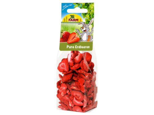 Tørrede jordbær fra jr farm i genlukkelig emballage, perfekt som lækker snacks til gnavere og mindre kæledyr. Ideel til at tilføje variation i kosten. | gnavernes univers