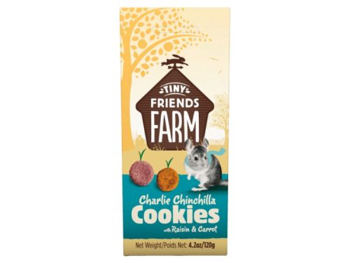 Charlie Chinchilla småkager fra Tiny Friends Farm med rosiner og gulerod, velegnet som godbid til chinchillaer og andre smådyr. Pakken indeholder 120g.