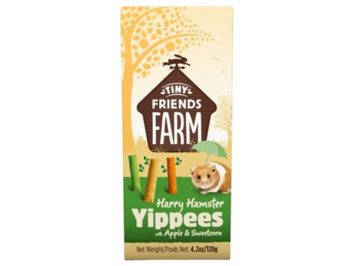 Yippees snacks fra Tiny Friends Farm til hamstere, med smag af æble og majs, ideelle til mindre kæledyr. 120 g pakke med sund og lækker belønning.
