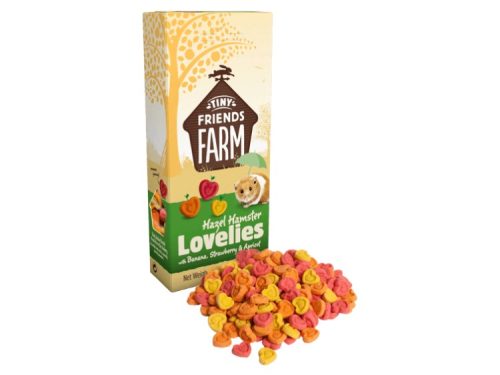 Lækker hamster-snack fra tiny friends farm med smag af banan, jordbær og abrikos. Packaged in a farverig boks med hjerteformede snacks, der er perfekt til gnavere og mindre kæledyr. | gnavernes univers