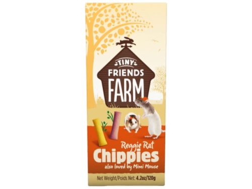 Reggie rat chippies fra tiny friends farm, et sundt snacks til gnavere og mindre kæledyr, præsenteret i en farverig pakke med billeder af en hamster og en rotte. Nettoindhold 120g. | gnavernes univers