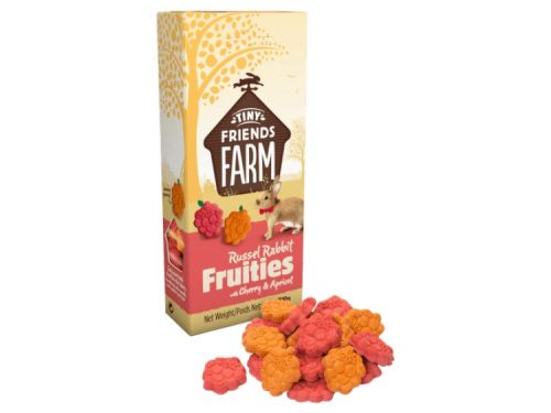 Russel rabbit fruities fra tiny friends farm med smag af kirsebær og abrikos, velegnede snacks til gnavere. Pakken indeholder farverige snacks formet som frugter, perfekte til at forkæle dit kæledyr. | gnavernes univers