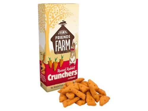 Russel rabbit crunchers med gulerod fra tiny friends farm, små sprøde godbidder til kaniner og små gnavere. Perfekte som en sund snack eller belønning. | gnavernes univers