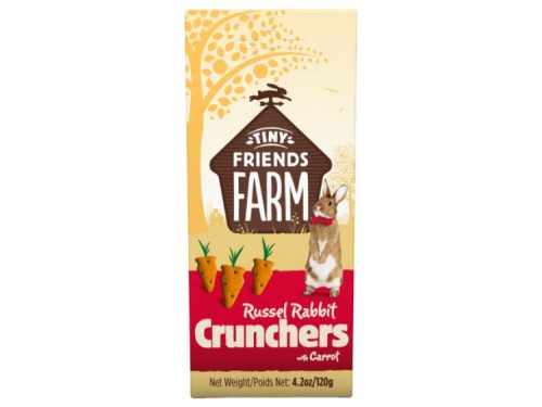 Russel rabbit crunchers med gulerod fra tiny friends farm, velsmagende snack til gnavere og mindre kæledyr, pakket i farverig emballage. | gnavernes univers