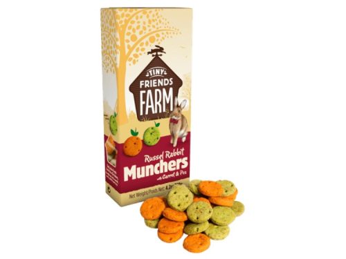 Russel rabbit munchers fra tiny friends farm med gulerod ogærter, i en farverig pakke. Optimal snacks til gnavere, især kaniner, som sørger for tilfredsstillende og sundt snacking. | gnavernes univers