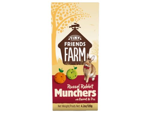 Russel rabbit munchers fra tiny friends farm med gulerod og ærter, velegnet snack til kaniner og små gnavere, indpakket i praktisk 120 g pakke. | gnavernes univers