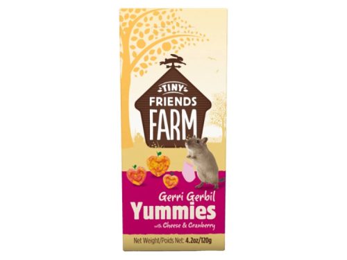 Gerri Gerbil Yummies fra Tiny Friends Farm med ost og tranebær, ideel snacks til gnavere. Pakken vejer 120g og indeholder smakfulde godbidder til din kærkomne kæledyr.
