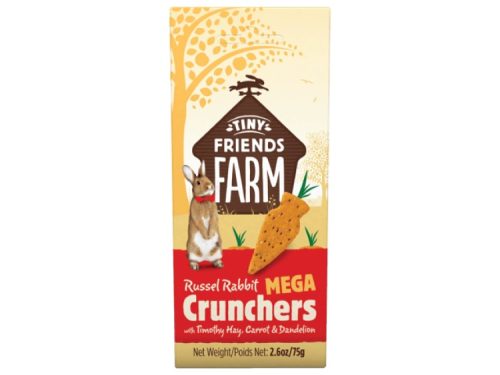 Russel rabbit mega crunchers fra tiny friends farm, en lækker snack til kaniner med timothy græs, gulerod og mælkebøtte. Velegnet til gnavere og mindre kæledyr. 75 g pakket for friskhed. | gnavernes univers