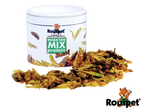 Protein snack til gnavere fra Rodipet, præsenteret i en beholder med insekter. Ideel til supplement af kost med naturlige ingredienser, der fremmer sundhed og velvære hos mindre kæledyr.