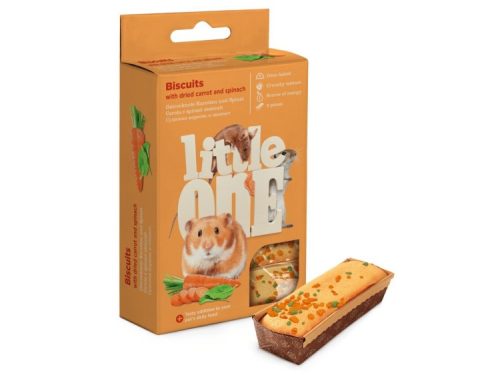 Kiks til gnavere fra Little One med tørrede gulerødder og spinat. Sund og velsmagende godbid, der er ideel som supplement til hverdagskosten for små kæledyr. Pakken indeholder 8 stykker.