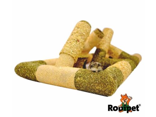 Rolleskærm til gnavere fra Rodipet, lavet af naturlige materialer med græs- og halmfibre, ideel til leg og skjul for små kæledyr.