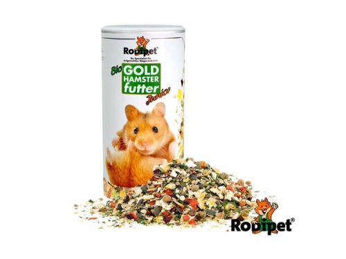 Rodipet Bio Gold Hamsterfutter Junior, en sund og varieret foderblanding til hamstere, præsenteret i en praktisk dåse med en portion af foderet spredt ud. Ideelt til at opretholde hamsterens sundhed og velvære.