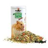 Økologisk teddy hamsterfoder fra rodipet med ingredienser til junior hamstere, præsenteret i en åben dåse med foder udstrødt. | gnavernes univers