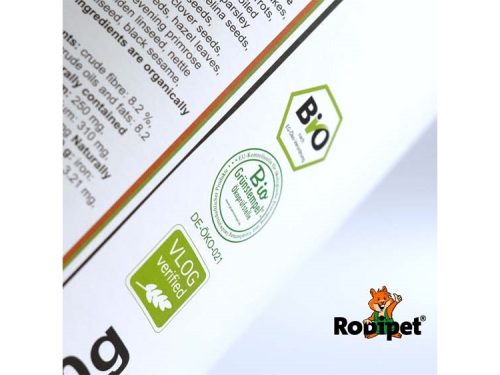 Økologisk foder til gnavere fra rodipet, med certificeringer for biologiske ingredienser og vlog-verifikation. Billedet viser etiketten med detaljer om næringsindhold og kvalitetsstandarder. | gnavernes univers