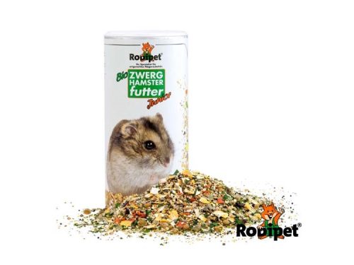 Biologisk hamsterfoder til dværg- og unge hamstere fra Rodipet, pakket i en behagelig dåse. Foderet er fyldt med naturlige ingredienser og rig på varierede næringsstoffer, ideelt til sund og glad vækst.