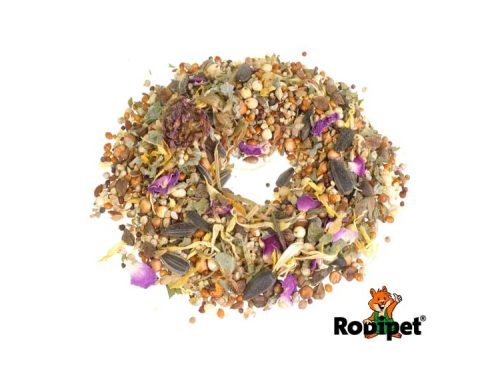 Snackring til gnavere fra Rodipet, fyldt med frø, urter og blomster, ideel som godbid eller aktivitet for små kæledyr.