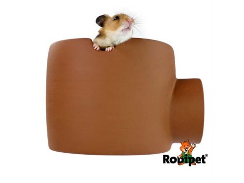 Hamster, der kigger ud af sin brune keramiske hule fra Rodipet, velegnet til gnavere og mindre kæledyr.