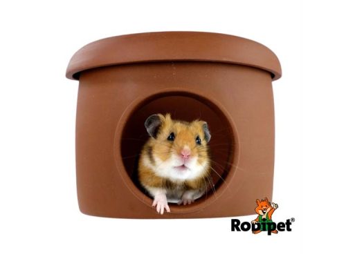 Hamster i en brun hule fra Rodipet, perfekt til gnavere og mindre kæledyr. Hulen giver et trygt og komfortabelt sted for din hamster at hvile og lege.