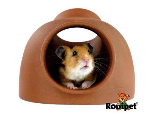 Hamster i en brun hule fra Rodipet, ideel til at skabe hyggelige og sikre omgivelser for dit kæledyr. Perfekt til gnavere og mindre kæledyr.