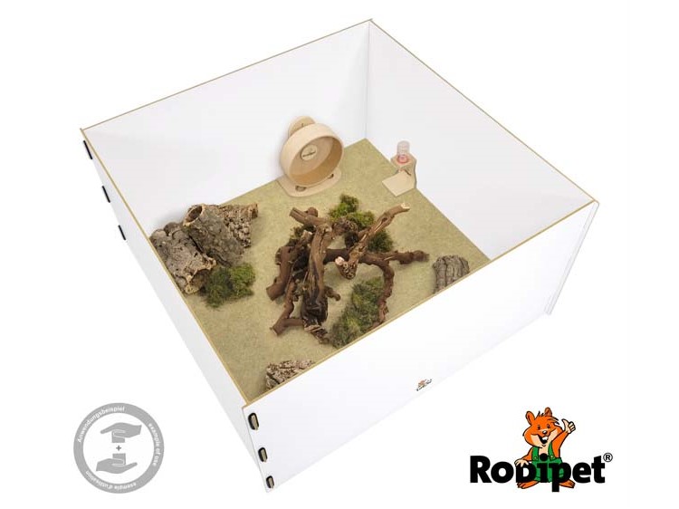 R03607 - rodipet® laola® run 100x100x50 cm 1 | gnavernes univers Indret dit kæledyrs hjem med dette hule- og aktivitetsområde fra rodipet, der inkluderer naturlige planter og træstænger, samt en løbehjul og vandflaske, perfekt til gnavere. | gnavernes univers