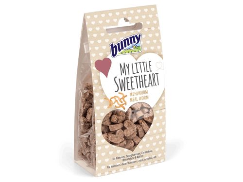Bunny My Little Sweetheart måltidsorm snacks til hamstere, dværghamstere og rotter, pakket i en dekorativ pose med hjerter. Ideelt som en velsmagende belønning og sund godbid til små kæledyr.