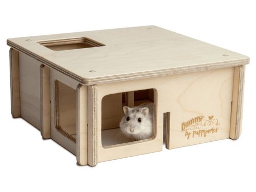 Hus til gnavere i træ fra bunny by puppijngs, ideelt til hamstere og mindre kæledyr, med flere indgange og et åbent design for leg og udforskning. | gnavernes univers