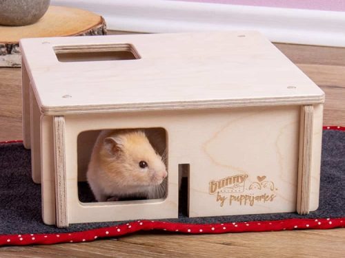 Lille hamster i et træhus fra bunny by puppigames, ideelt til små kæledyr som gnavere. Huset har åbninger for leg og udforskning, perfekt til at skabe et trygt miljø. | gnavernes univers