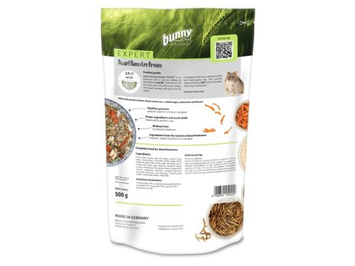Bunny expert dværghamsterfoder i 500 g pose, velegnet som fuldfoder til dværghamstere, uden konserveringsmidler og kunstige tilsætningsstoffer. Indeholder naturlige ingredienser og essentielle næringsstoffer for optimal sundhed. | gnavernes univers