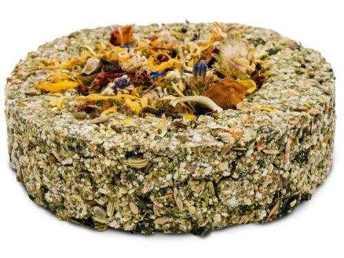 Kostblok til gnavere med naturlige ingredienser og blomsterdekoration, ideel til hamstere og marsvin. Perfekt som sund snack og aktivitetslegetøj. | gnavernes univers
