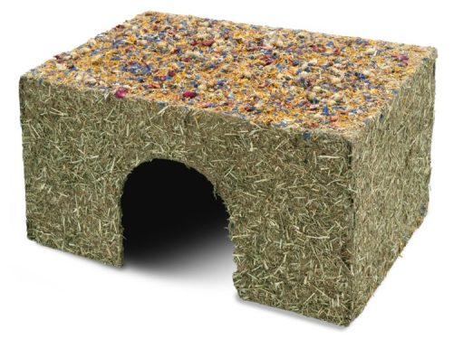 Hule i naturmaterialer til gnavere, ideel til leg og skjul. Fremstillet af hø og dekoreret med farverige blomster og urter for ekstra stimulering. Perfekt til hamstere, mus og andre små kæledyr. | gnavernes univers