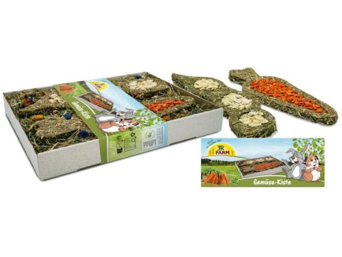 JR Farm Gemüse-Kiste til gnavere, indeholdende en blanding af tørrede grøntsager og urter, præsenteret i en bæredygtig emballage. Ideel som sund snack til kaniner og andre mindre kæledyr.