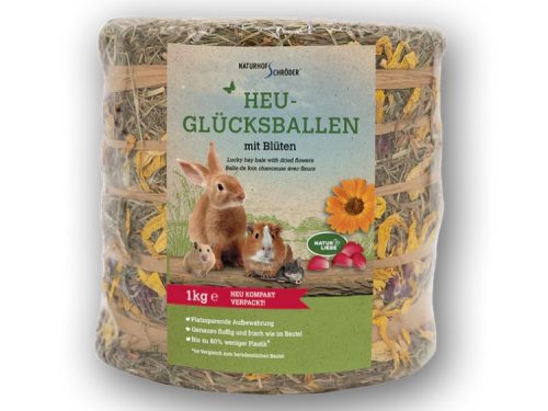 Heu-glücksballe med blomster fra Naturhof Schröder, 1 kg. Ideelt foder til gnavere og mindre kæledyr, pakket kompakt for pladsbesparelse.