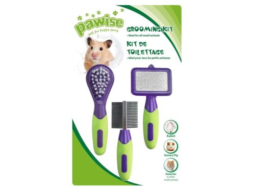 Groomingkit fra Pawise til små kæledyr, ideelt til pleje af hamstere, marsvin og kaniner. Sættet inkluderer en børste, en kam og en slicker børste for effektiv pelspleje.