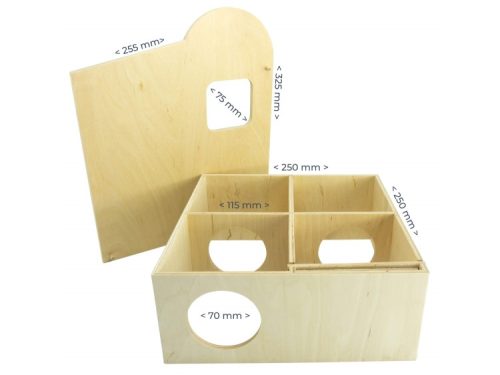 Sammenklappelig opbevaringsboks til gnavere i træ, ideel til opbevaring af legetøj og tilbehør. Mål: 325 mm høj, 250 mm bred, 255 mm dyb. Designet med flere rum og åbninger til nem adgang. | gnavernes univers