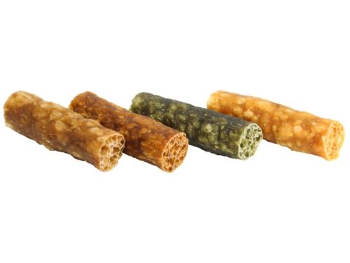 Fire forskellige snacks til gnavere, ideelle til at stimulere tyggeinstinktet og fremme tandpleje. Snacksene har forskellige farver og smagsvarianter, hvilket gør dem attraktive for mindre kæledyr. Perfekte til hamstere, mus og andre gnavere.