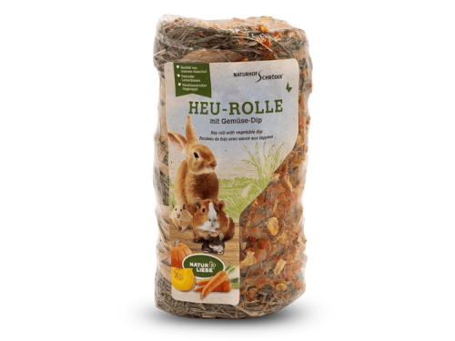 Heu-rolle med grøntsagsdip fra naturhof schröder, ideel til gnavere som kaniner og marsvin, sikrer en sund og velsmagende snack. | gnavernes univers