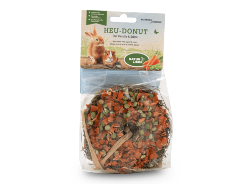 Heu-donut med gulerod og ærter fra naturliebe, ideel som sund snack til gnavere og små kæledyr. Packaged in transparent emballage, der fremhæver de naturlige ingredienser. | gnavernes univers