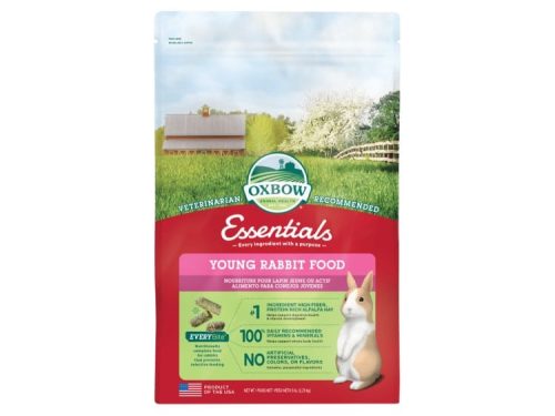 Oxbow Essentials Young Rabbit Food, nærende foder til unge kaniner, rig på fiber og uden kunstige tilsætningsstoffer, ideelt til sund vækst og udvikling.
