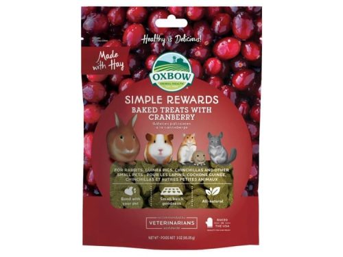 Oxbow Simple Rewards bagte godbidder med tranebær, velegnet til kaniner, marsvin, chinchillaer og andre små kæledyr. Naturlige ingredienser til sundt og lækkert snacks.