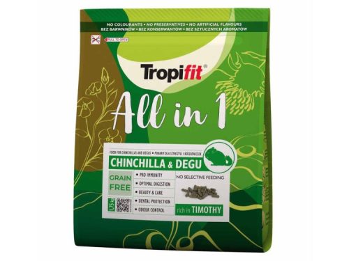 Tropifit All in 1 foder til chinchillaer og deguer, kornfrit med fokus på optimal fordøjelse, immunforsvar og tandbeskyttelse. Ideelt til mindre kæledyr med naturlige ingredienser og uden kunstige tilsætningsstoffer.