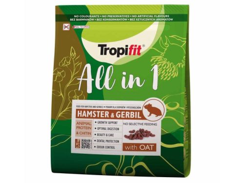 Tropifit All in 1 foder til hamster og gerbil, designet til optimal fordøjelse, vækststøtte og tandpleje. Indeholder havre og sikrer ingen selektiv fodring. Ideelt valg til små kæledyr.