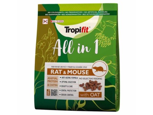 Tropifit All in 1 foder til rotter og mus, 500 g. Indeholder animalisk protein, chitin og havre. Formuleret med fokus på optimal fordøjelse, tandbeskyttelse og lugtkontrol. Uden farvestoffer, konserveringsmidler eller kunstige smagsstoffer.
