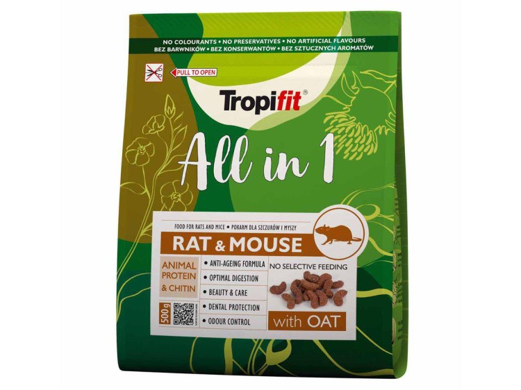 Tropifit rat & mouse | gnavernes univers Tropifit all in 1 foder til rotter og mus, 500 g. Indeholder animalisk protein, chitin og havre. Formuleret med fokus på optimal fordøjelse, tandbeskyttelse og lugtkontrol. Uden farvestoffer, konserveringsmidler eller kunstige smagsstoffer. | gnavernes univers